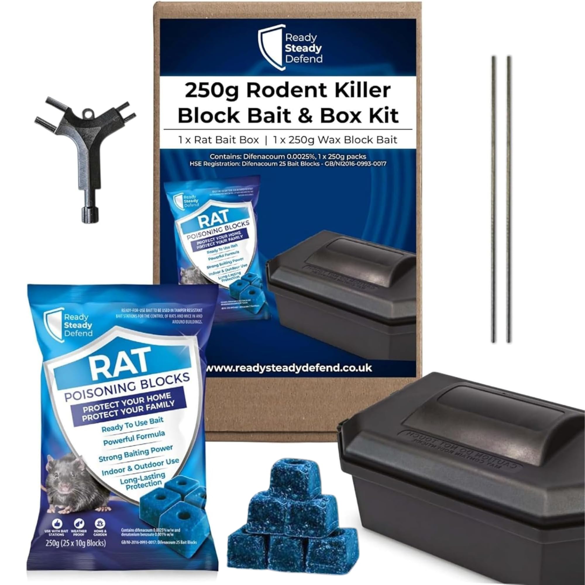 Rodent Bait Box & Wax Block Rat Poison Kit (1 Box & 250g Blocks)